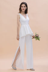 Fashion V-Neck Lace Side Slit Bridesmaid Jumpsuits with Hollowout On Sale