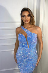 Baby Blue Sleeveless Formal Dress One Shoulder Mermaid Sequins