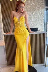 Charming Yellow Strapless Sleeveless Pleated Split Formal Dress With Embroidery