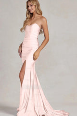 Strapless Sleeveless Long Mermaid Formal Dress With Split Pleated