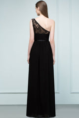 Floor Length Lace Chiffon A-line One-shoulder Bridesmaid Dresses with Sash