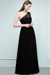 Floor Length Lace Chiffon A-line One-shoulder Bridesmaid Dresses with Sash