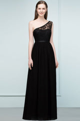 Floor Length Lace Chiffon A-line One-shoulder Bridesmaid Dresses with Sash