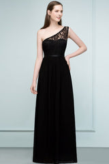 Floor Length Lace Chiffon A-line One-shoulder Bridesmaid Dresses with Sash