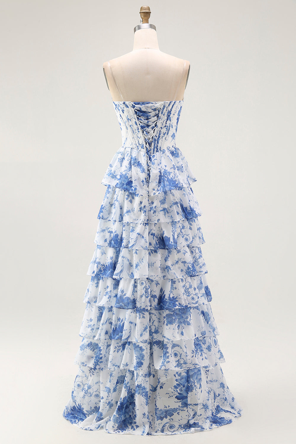 Floral Blue A-Line Corset Tiered Long Chiffon Prom Dress with Slit