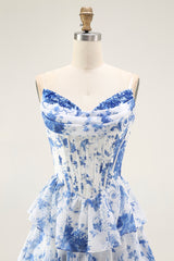 Floral Blue A-Line Corset Tiered Long Chiffon Prom Dress with Slit