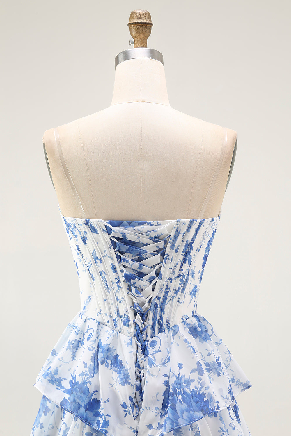 Floral Blue A-Line Corset Tiered Long Chiffon Prom Dress with Slit