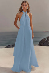 Flowy Sky Blue Chiffon A Line Halter Backless Long Prom Dress