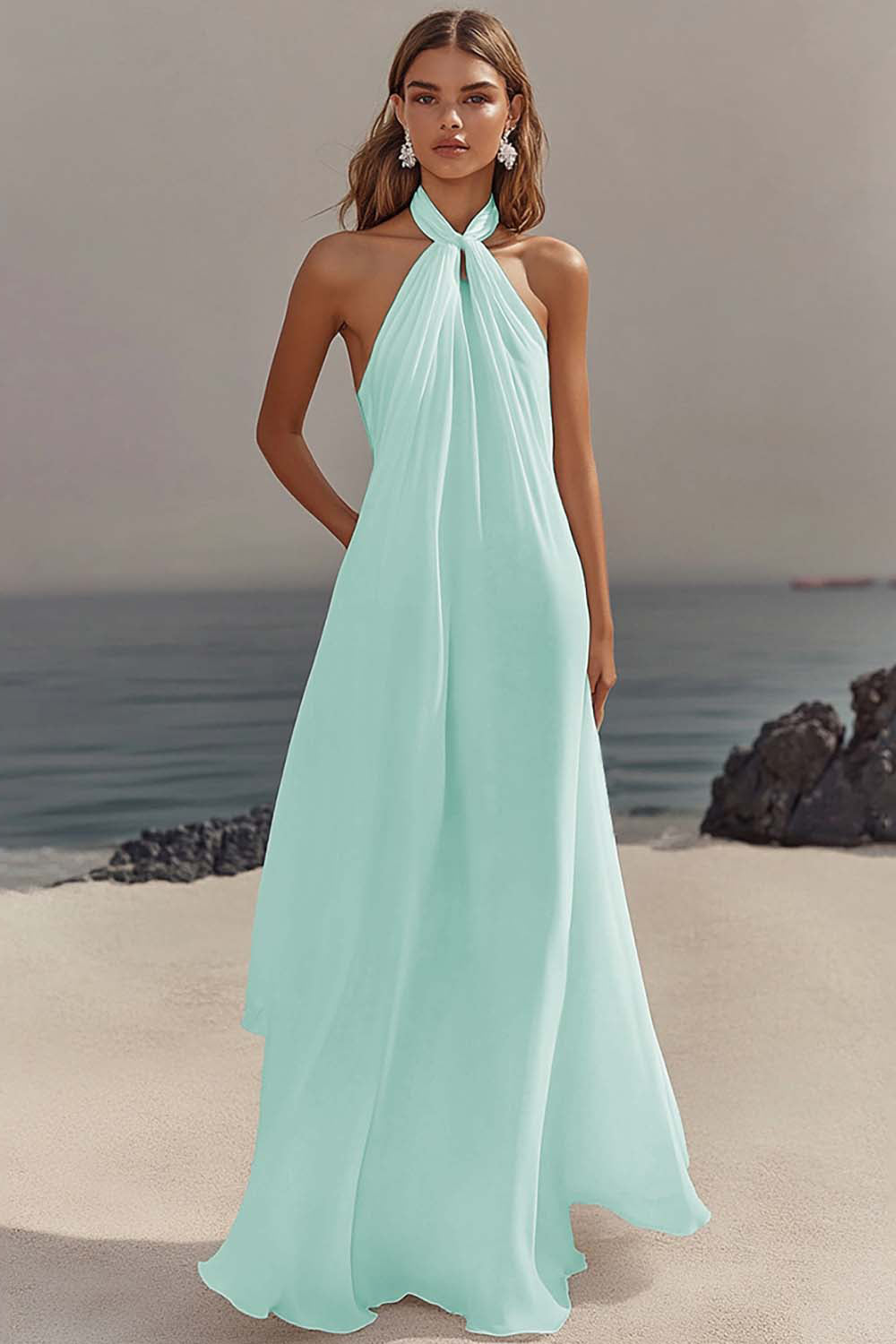 Flowy Sky Blue Chiffon A Line Halter Backless Long Prom Dress