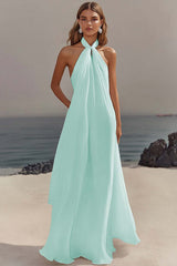 Flowy Sky Blue Chiffon A Line Halter Backless Long Prom Dress