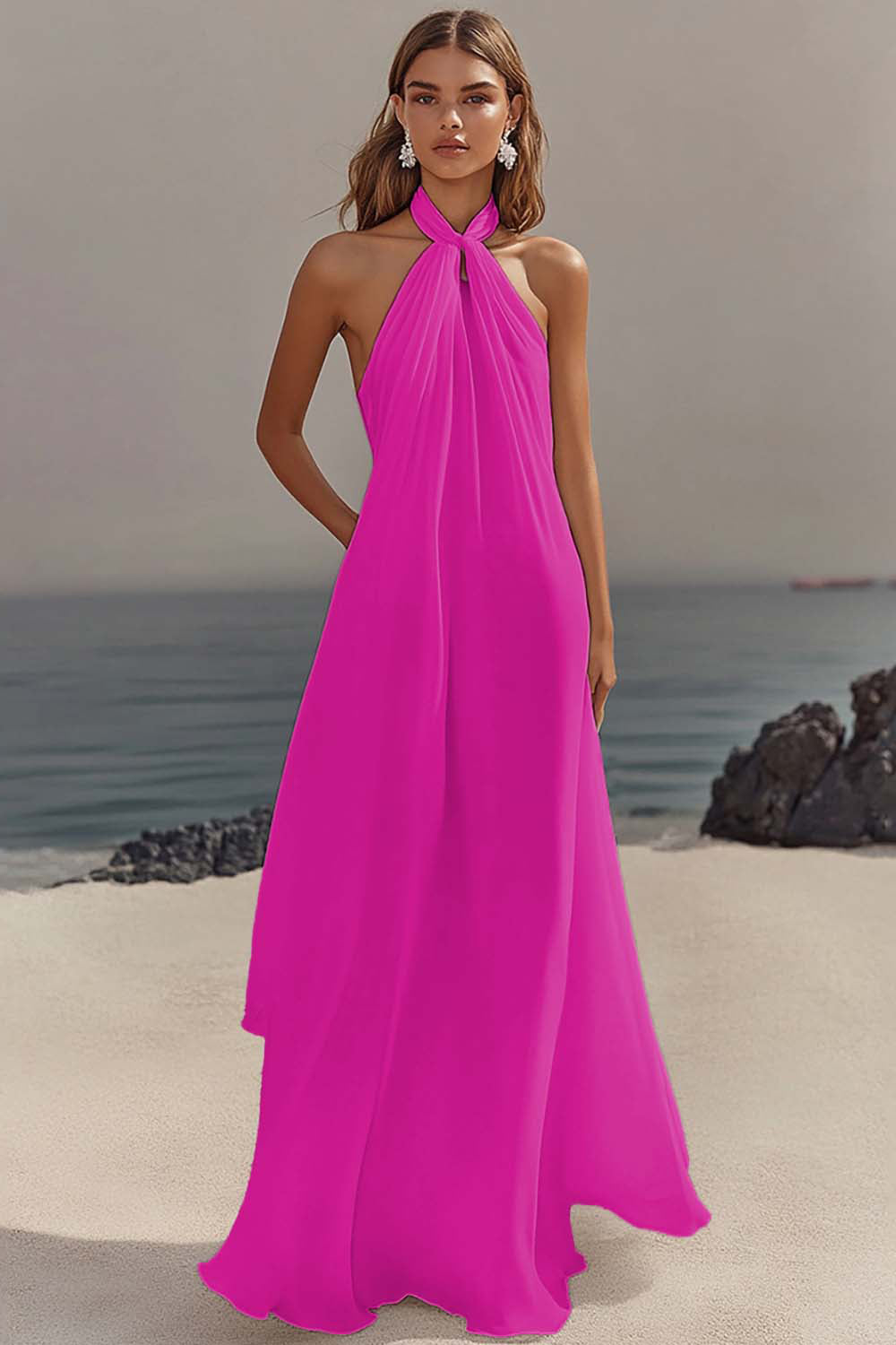 Flowy Sky Blue Chiffon A Line Halter Backless Long Prom Dress