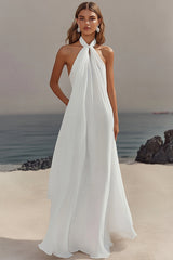 Flowy Sky Blue Chiffon A Line Halter Backless Long Prom Dress