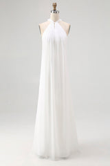 Flowy Sky Blue Chiffon A Line Halter Backless Long Prom Dress