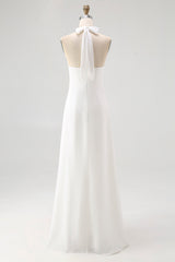 Flowy Sky Blue Chiffon A Line Halter Backless Long Prom Dress
