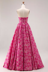 Fuchsia Floral Ball Gown Strapless Long Corset Prom Dress