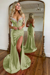 Fuchsia Spaghetti Straps Satin Long Corset Prom Dress with Beading