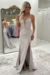 Fuchsia Spaghetti Straps Satin Long Corset Prom Dress with Beading