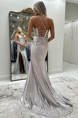 Fuchsia Spaghetti Straps Satin Long Corset Prom Dress with Beading