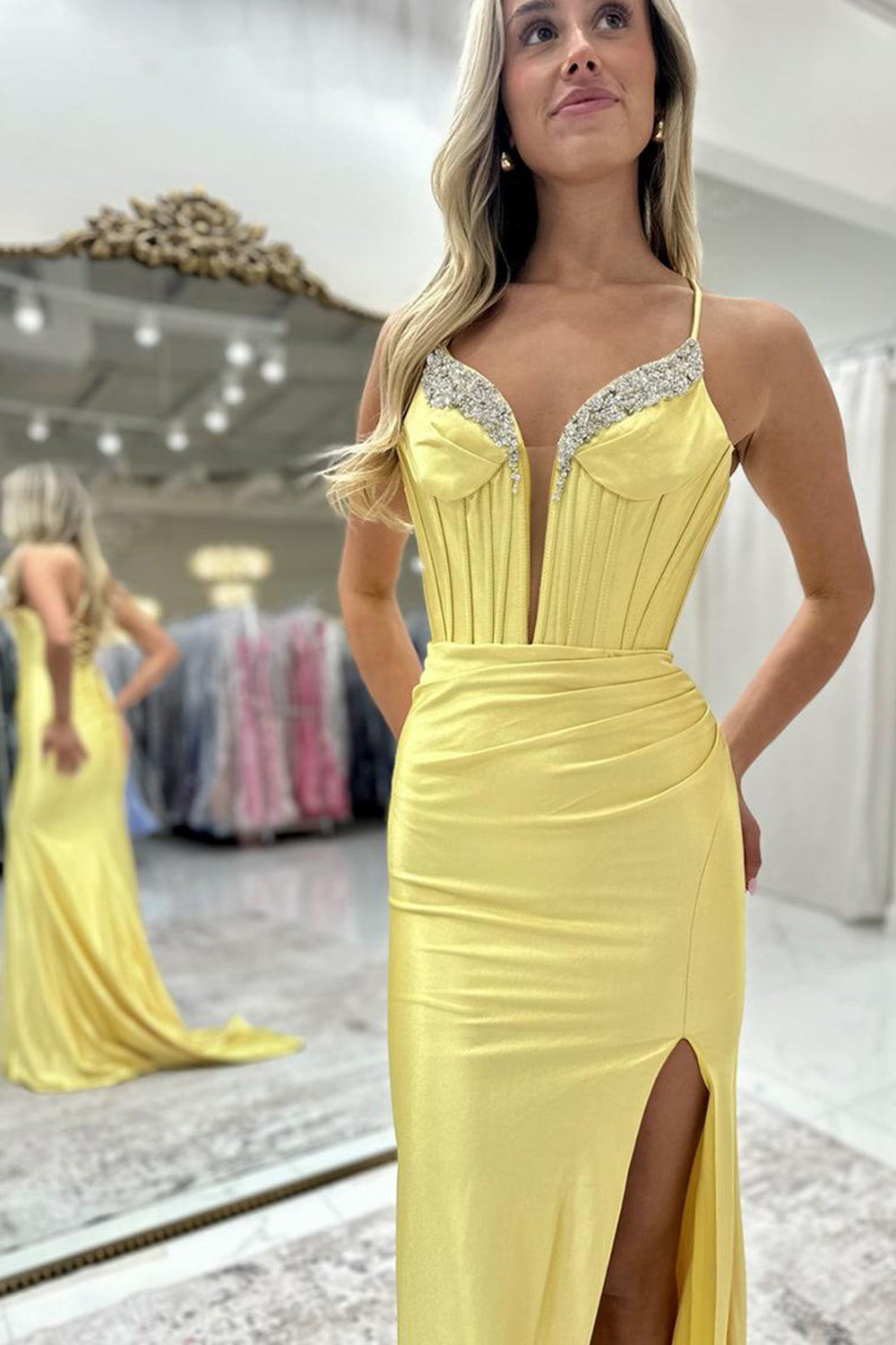 Fuchsia Spaghetti Straps Satin Long Corset Prom Dress with Beading