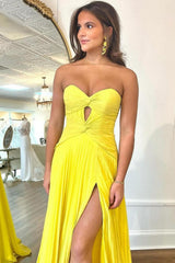 Fuchsia Strapless A Line Sweetheart Keyhole Long Pleated Prom Dress with Slit