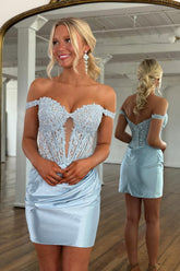 Off Shoulder Lace Applique Corset Homecoming Dress Sweetheart Sheer Boned Bodice Satin Mini Skirt