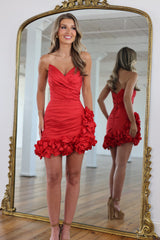 Sweetheart Strapless Criss Cross Ruched Bodycon Homecoming Dress 3D Petal Ruffle Hem Open Back