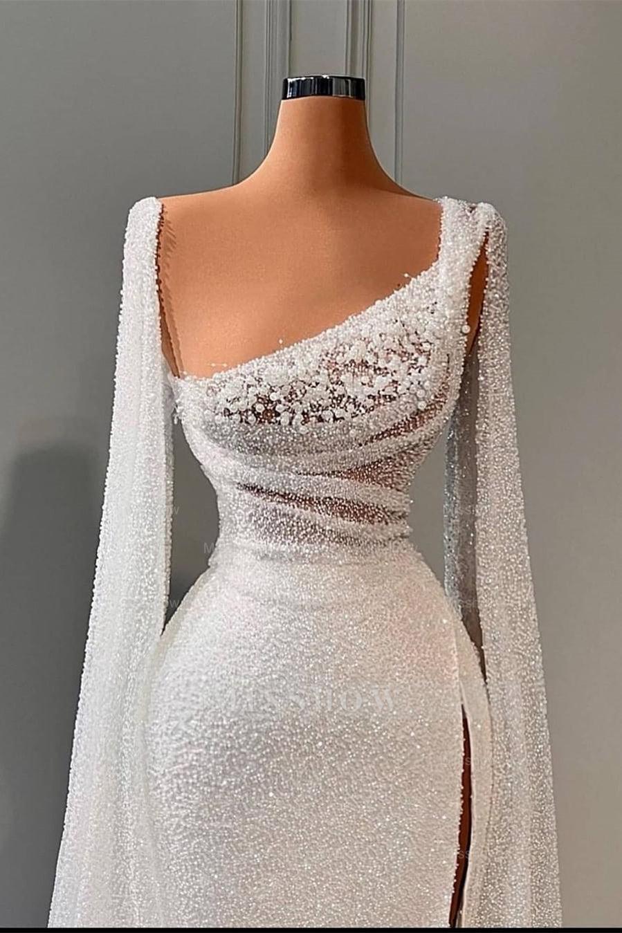 Glamorous A-line Sequined Split Wedding Dresses With Beads