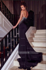 Glamorous Black Long Glitter One Shoulder Sleeveless Sequined Mermaid Evening Dress
