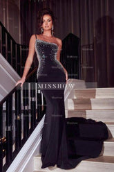 Glamorous Black Long Glitter One Shoulder Sleeveless Sequined Mermaid Evening Dress