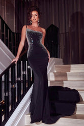 Glamorous Black Long Glitter One Shoulder Sleeveless Sequined Mermaid Evening Dress