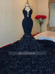 Glamorous Black V-neck Halter Appliques Sleeveless Floor-length Mermaid Prom Dresses