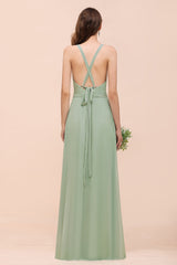 Glamorous Dusty Sage V-Neck Straps Affordable Bridesmaid Dresses