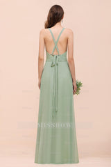 Glamorous Dusty Sage V-Neck Straps Affordable Bridesmaid Dresses
