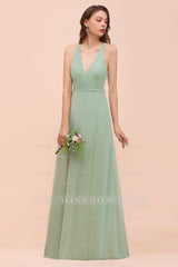 Glamorous Dusty Sage V-Neck Straps Affordable Bridesmaid Dresses