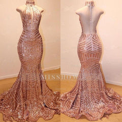 Glamorous High-Neck Sleeveless Sequins Mermaid Long Sequins Evening Gowns