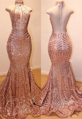 Glamorous High-Neck Sleeveless Sequins Mermaid Long Sequins Evening Gowns