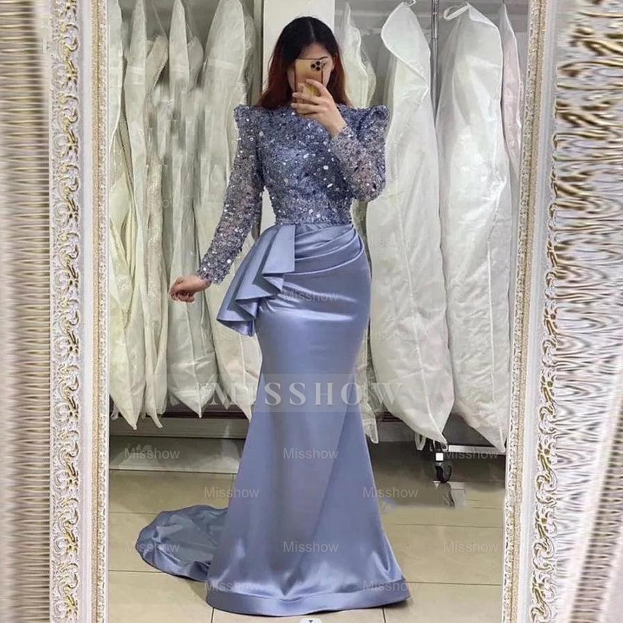 Glamorous Lavender Long Mermaid High Neck Beading Prom Dress With Long Sleeves