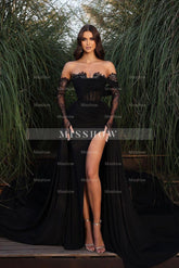 Glamorous Long Black Off-the-shoulder Lace Split Evening Dress With Slit
