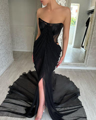 Glamorous Long Black Strapless Split Front Prom Dress