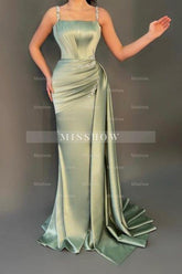 Glamorous Long Dusty Sage Sleeveless Mermaid Evening Dresses With Glitter