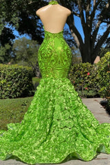 Glamorous Long Green Sequined Halter Flower Mermaid Satin Prom Dress
