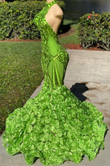 Glamorous Long Green Sequined Halter Flower Mermaid Satin Prom Dress