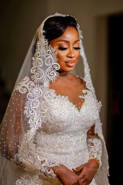 Long Sleeve Mermaid Lace Applique Wedding Gown with Chapel Train