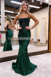Glamorous Long Mermaid Backless Sleeveless Prom Dress With Lace