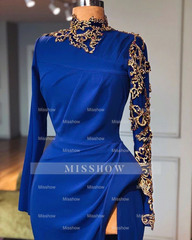 Glamorous Long Royal Blue High Neck Long Sleeves Lace Prom Dress With Slit