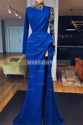 Glamorous Long Royal Blue High Neck Long Sleeves Lace Prom Dress With Slit