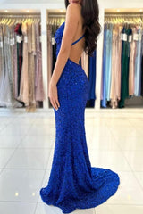 Glamorous Long Royal Blue V-neck Spaghetti Straps Glitter Sleeveless Evening Dresses