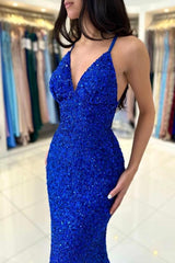 Glamorous Long Royal Blue V-neck Spaghetti Straps Glitter Sleeveless Evening Dresses