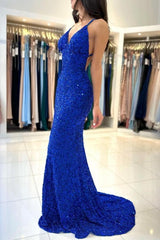 Glamorous Long Royal Blue V-neck Spaghetti Straps Glitter Sleeveless Evening Dresses