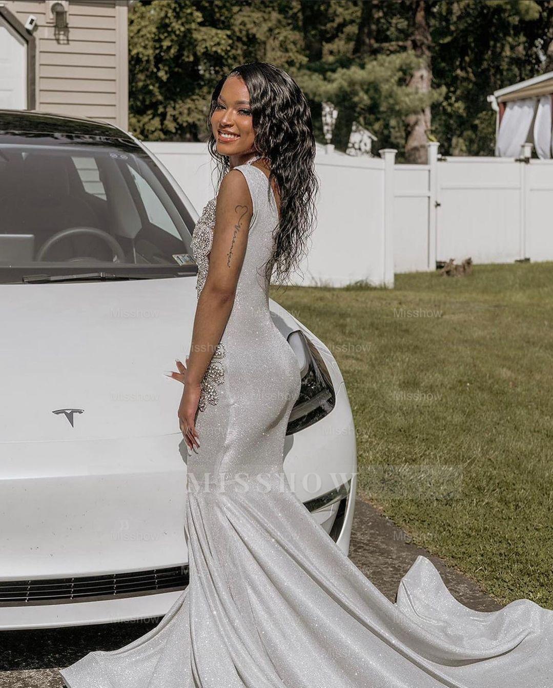 Glamorous Long Silver Mermaid Sequined Sleeveless Prom Dress With Lace